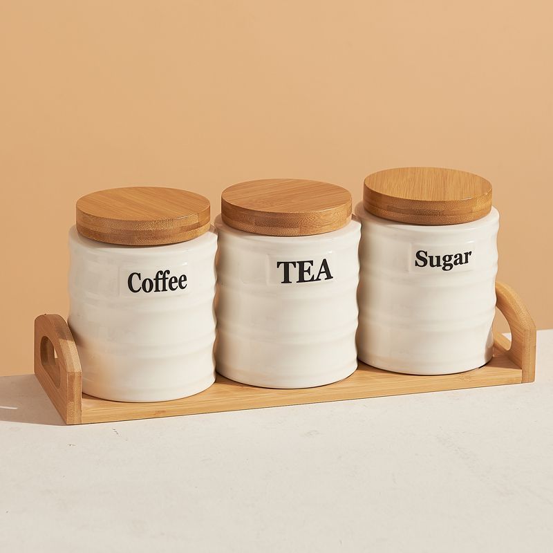 Kitchen Baking Canisters - 3個セット セラミック保存容器 竹製蓋付き コーヒー・砂糖・茶葉用 - キッチン用気密キャニスター＆オーガナイザー