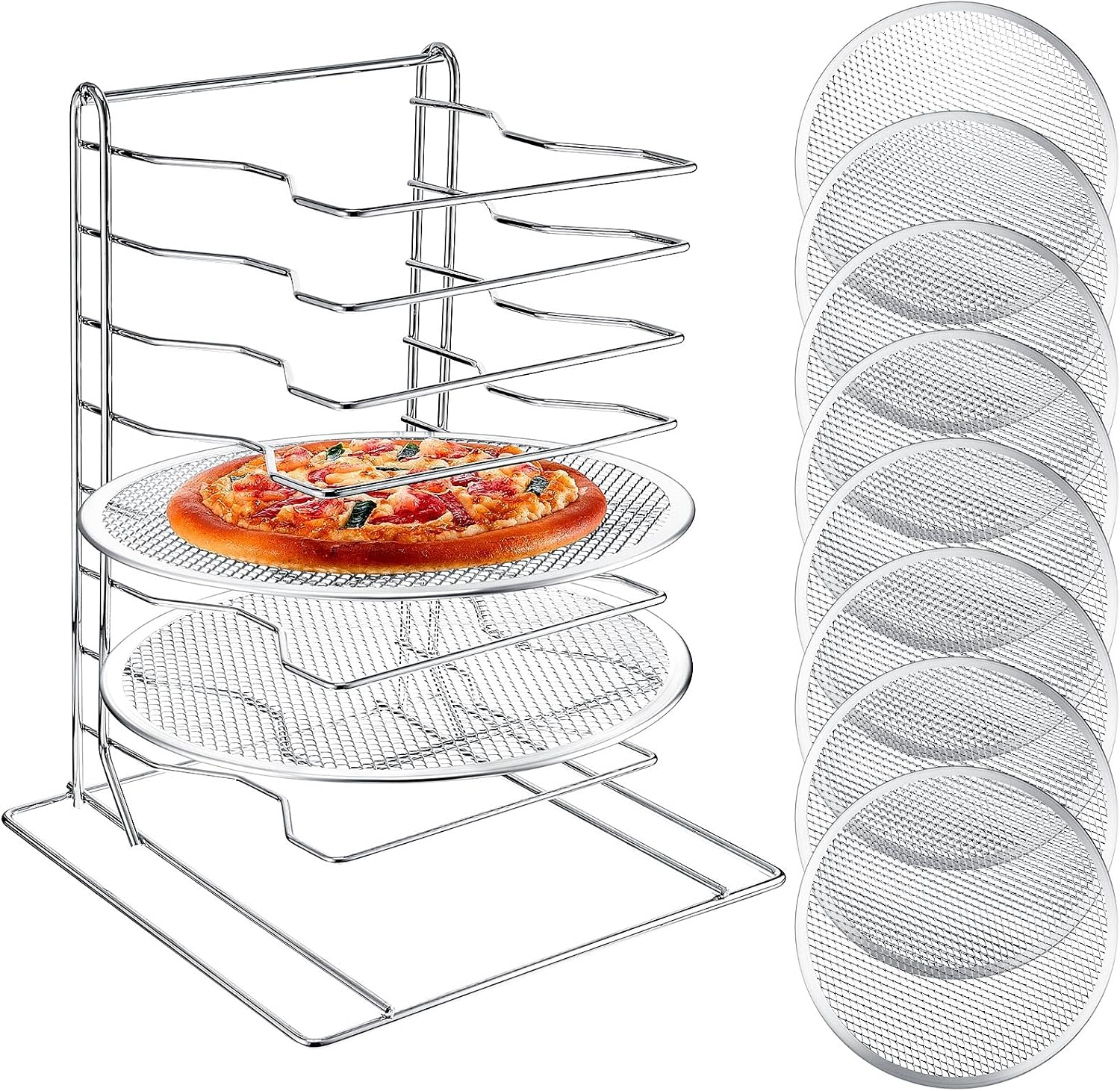 Kitchen Baking Kit - ピザラック 8段スタンド、穴あきアルミ製ベーキングパン8枚付き、業務用ピザ陳列棚、家庭用・レストラン・キッチン用カウンタートップ冷却ラックセット、12インチ