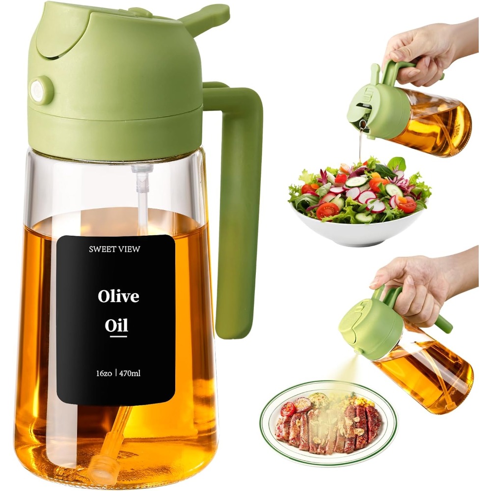 Kitchen.Baking Labels - グリーンガラス製オイルスプレーヤー＆ディスペンサーボトル（調理用）16オンス（470ml）キッチンガジェットアクセサリー、エアフライ、サラダドレッシング、バーベキュー、グリル、ベーキング、ヘルシーフードの調理に最適、非エアゾールミスター、再利用可能なラベル付き