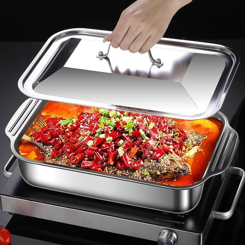 Kitchen Baking Ware - ステンレス製の深いベーキングパン、蓋付き、多機能長方形オーブン対応ベーキングパン、キッチン用シーフードグリル魚用パン