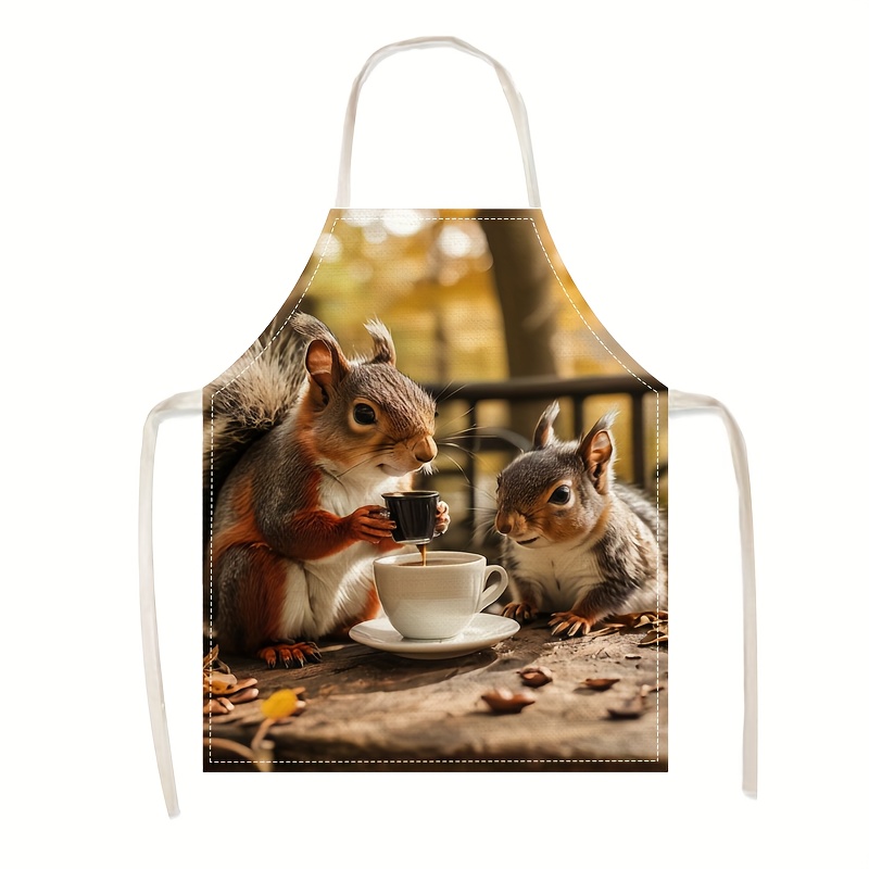 Kitchen Baking Area Ideas - リネンエプロン リスコーヒー風景プリント キッチン クッキング ベーキング ガーデニング