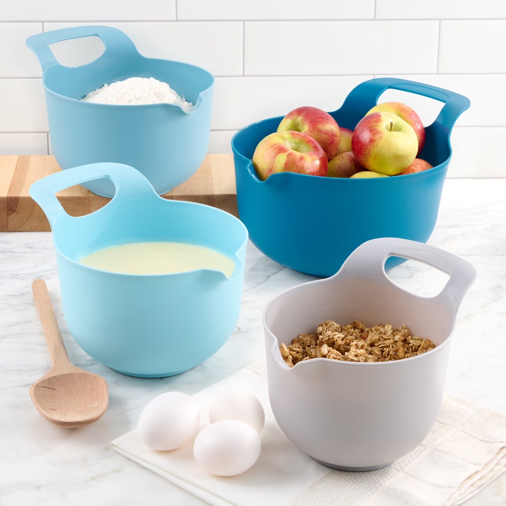 Kitchen Baking Utensil Set - ネスティングプラスチック製ミキシングボウル 4個セット 注ぎ口とハンドル付き キッチン用品 製菓 調理