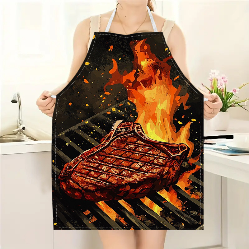 Kitchen Baking Area Ideas - 1枚入りBBQステーキエプロン、炎模様プリント入り、キッチン調理、ベーキング、作業着、ユニセックス、ホームシェフ、肉愛好家へのギフトに最適