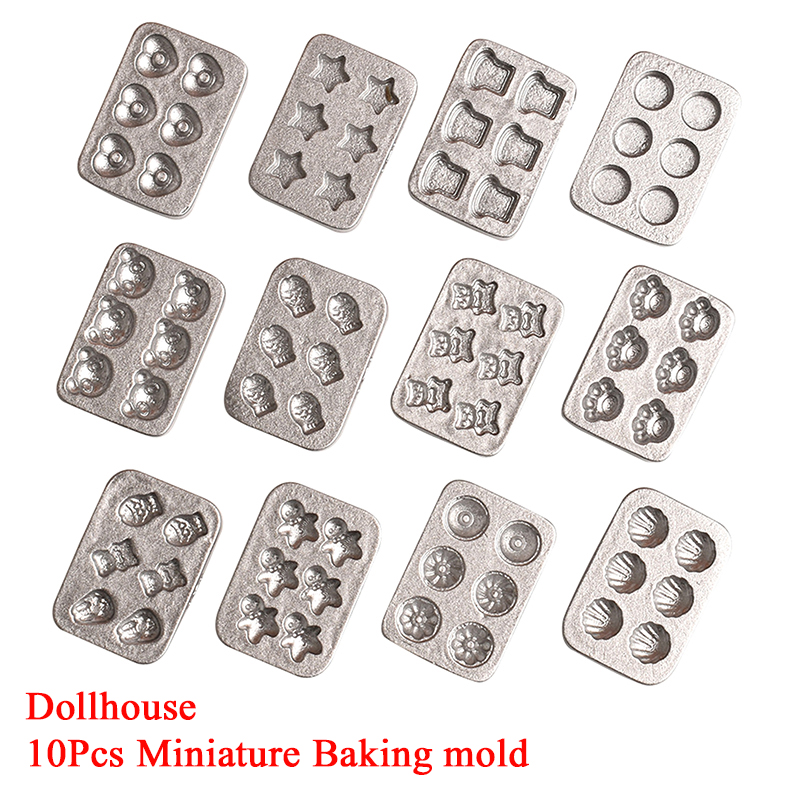Kitchen Baking Area - 10 個ドールハウスミニチュアミニケーキベーキングモールドキッチンシーンミニプレートジンジャーブレッドマンハートベーキングトレイモデル装飾