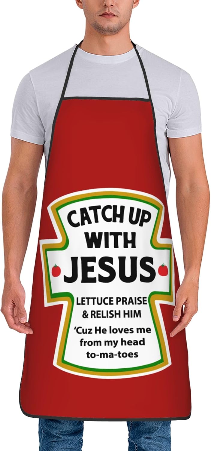 Kitchen.Baking Labels - 赤いケチャップラベル「Catch Up With Jesus」の文字プリント入り防水エプロン、油汚れ防止、固定ネックストラップ付き、キッチン、バーベキュー、ベーキング、料理用ギフト