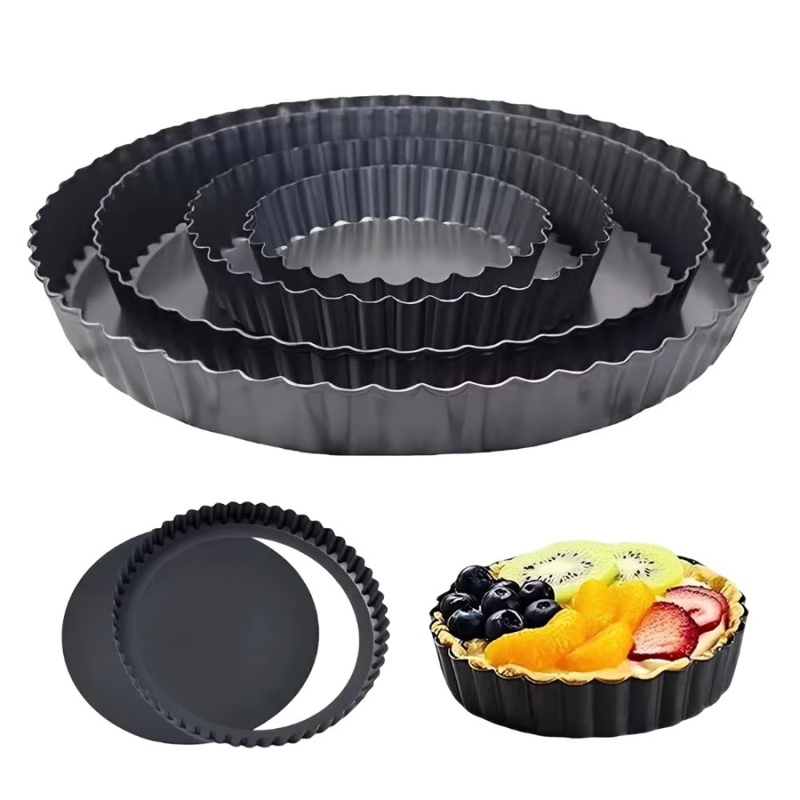 Kitchen Baking Ware - 1個入り 取り外し可能な底面溝付きタルトパン ノンスティック炭素鋼キッシュパイ型 波型エッジベーキングトレイ フルーツケーキ キッチンオーブン用