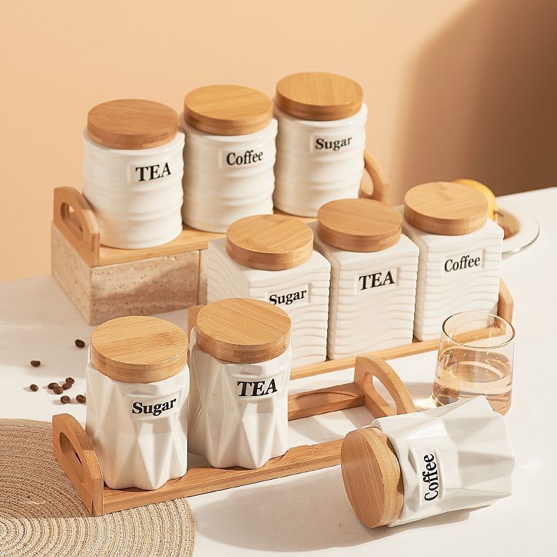 3個セット セラミック保存容器 竹製蓋付き コーヒー・砂糖・ - Kitchen Baking Canisters のレビューと価格