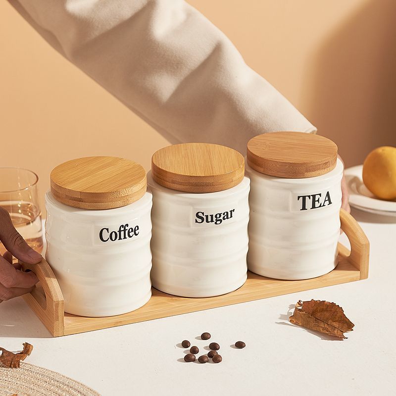 3個セット セラミック保存容器 竹製蓋付き コーヒー・砂糖・ - Kitchen Baking Canisters のレビューと価格