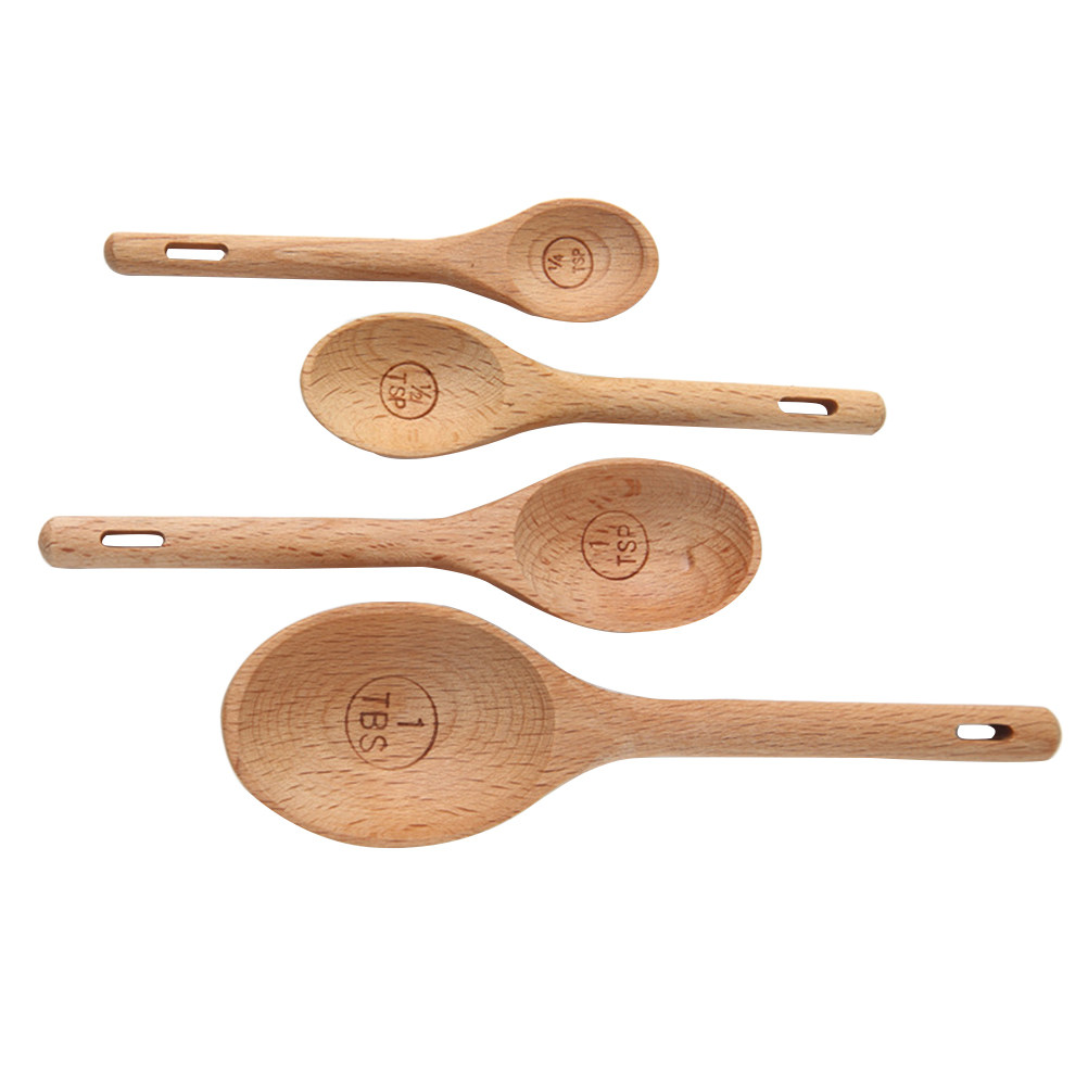 4個入り木製計量スプーンセット、ブナ材、正確な刻印入りキッチ - Kitchen Baking Utensil Set のレビューと価格